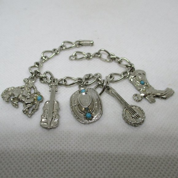 WESTERN CHARM BRACELETS Southwestern Silver Tone Charm Bracelet Turquoise Caboch - Picture 2 of 12